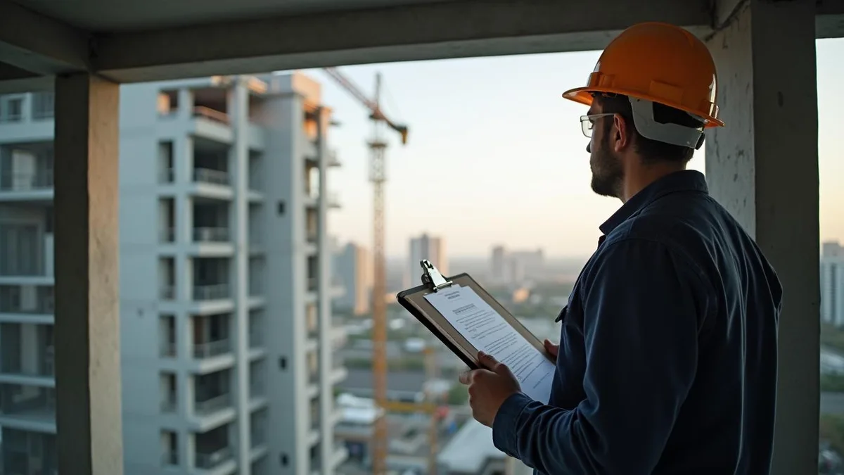 Engenheira de capacete inspecionando a obra, numa construtora do Rio Grande do Sul: insalubridade na construção