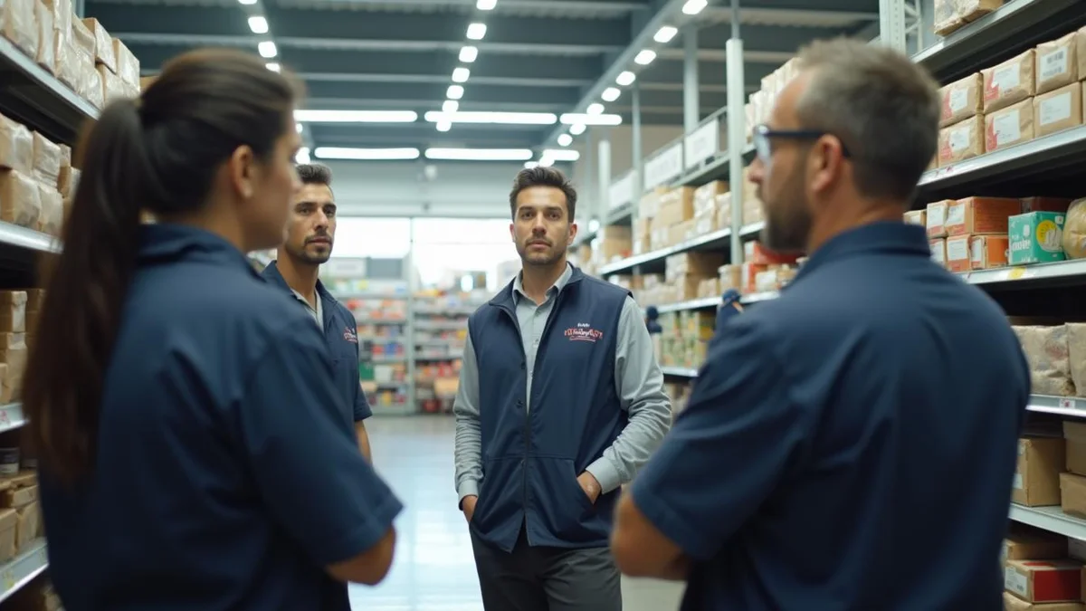 Supervisor em conversa com a equipe antes do turno, numa rede de lojas do Rio Grande do Sul: comissão de vendedor