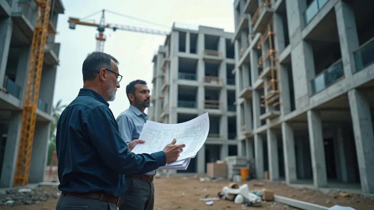 Gestor com a planta do empreendimento e a obra ao fundo, numa construtora do Rio Grande do Sul: contabilidade da spe
