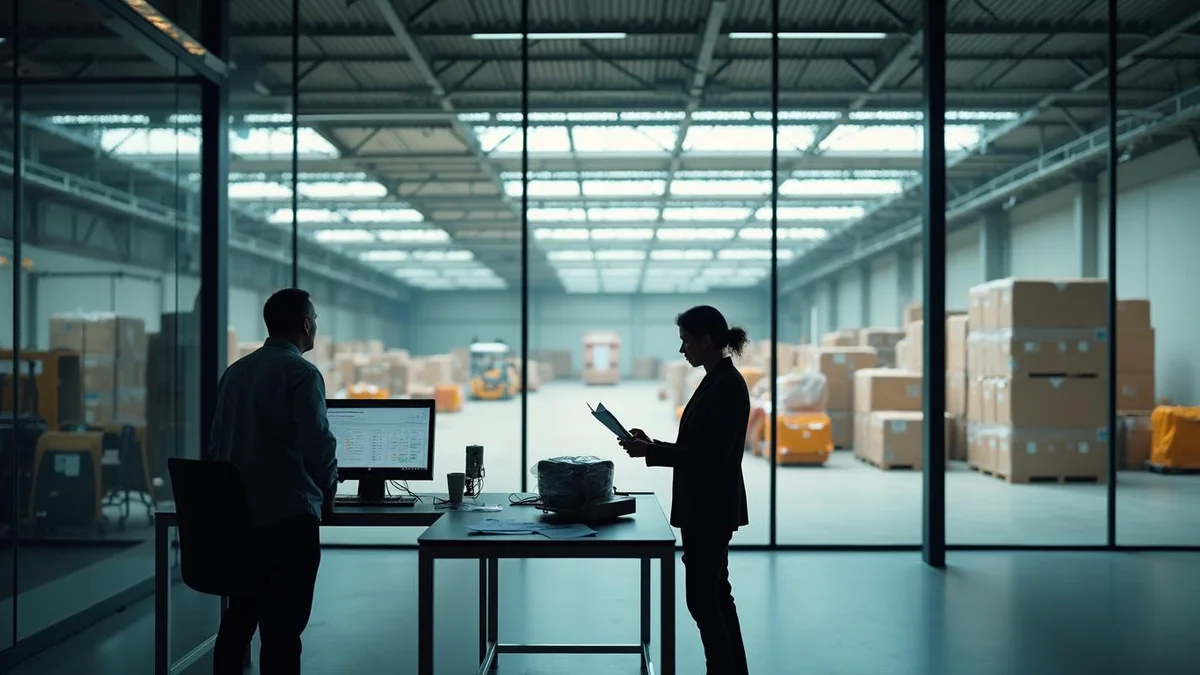 Gestor revisando documentos fiscais num escritório com a operação ao fundo, num centro de distribuição do Rio Grande do Sul: cross-docking