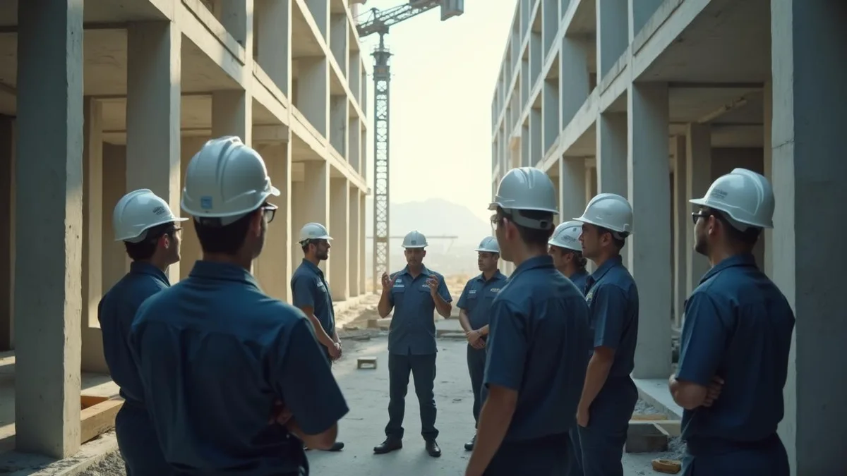Supervisor em conversa com a equipe antes do turno, numa construtora do Rio Grande do Sul: desoneração da folha na construção