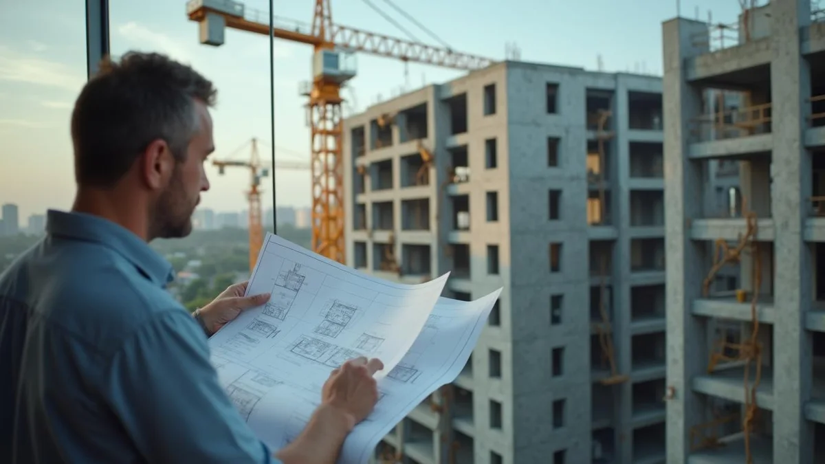 Gestor com a planta do empreendimento e a obra ao fundo, numa construtora do Rio Grande do Sul: distribuição de lucros da spe
