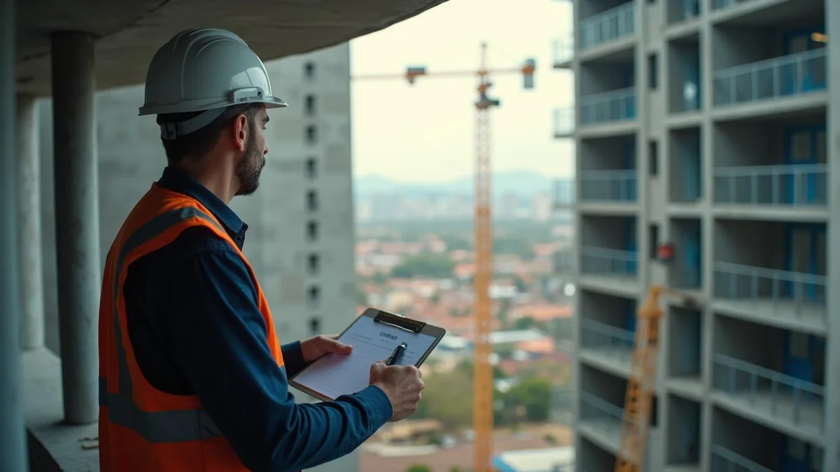 Engenheira de capacete inspecionando a obra, numa construtora do Rio Grande do Sul: responsabilidade solidária na construção