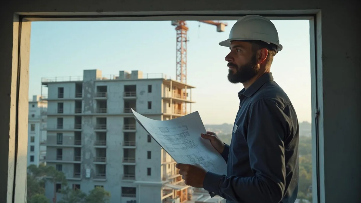 Gestor com a planta do empreendimento e a obra ao fundo, numa construtora do Rio Grande do Sul: encerramento da spe