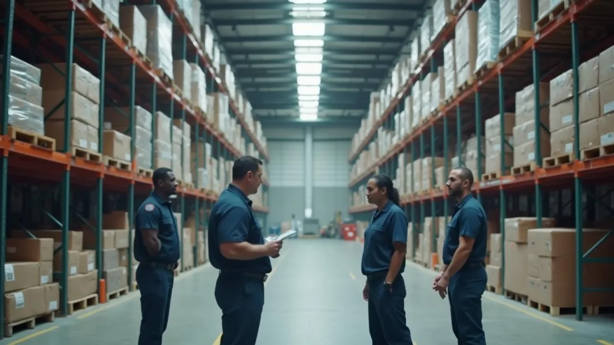 Supervisor em conversa com a equipe antes do turno, num centro de distribuição do Rio Grande do Sul: escala 12x36