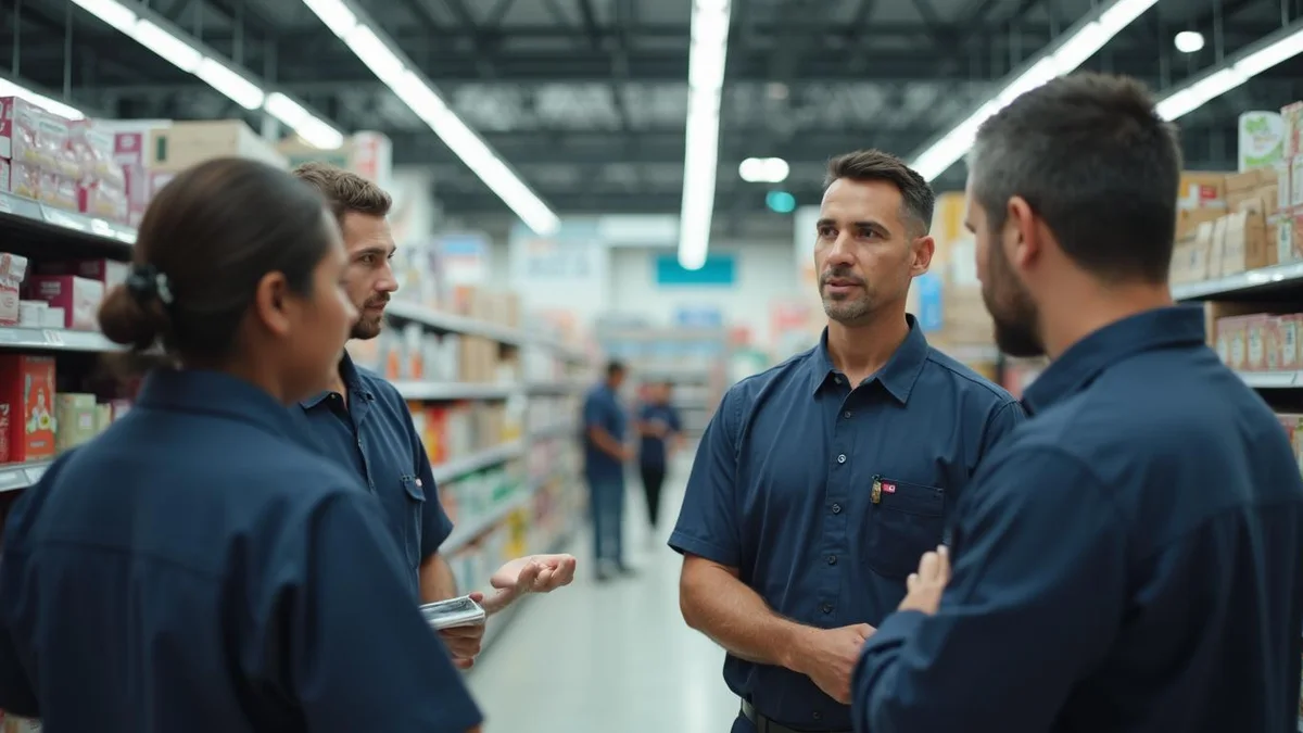 Supervisor em conversa com a equipe antes do turno, numa rede de lojas do Rio Grande do Sul: trabalho aos domingos no comércio