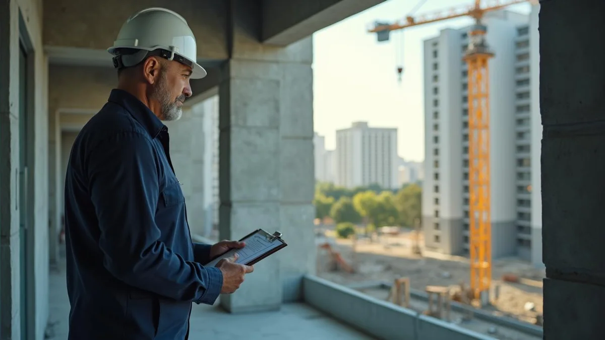Engenheira de capacete inspecionando a obra, numa construtora do Rio Grande do Sul: financiamento à produção