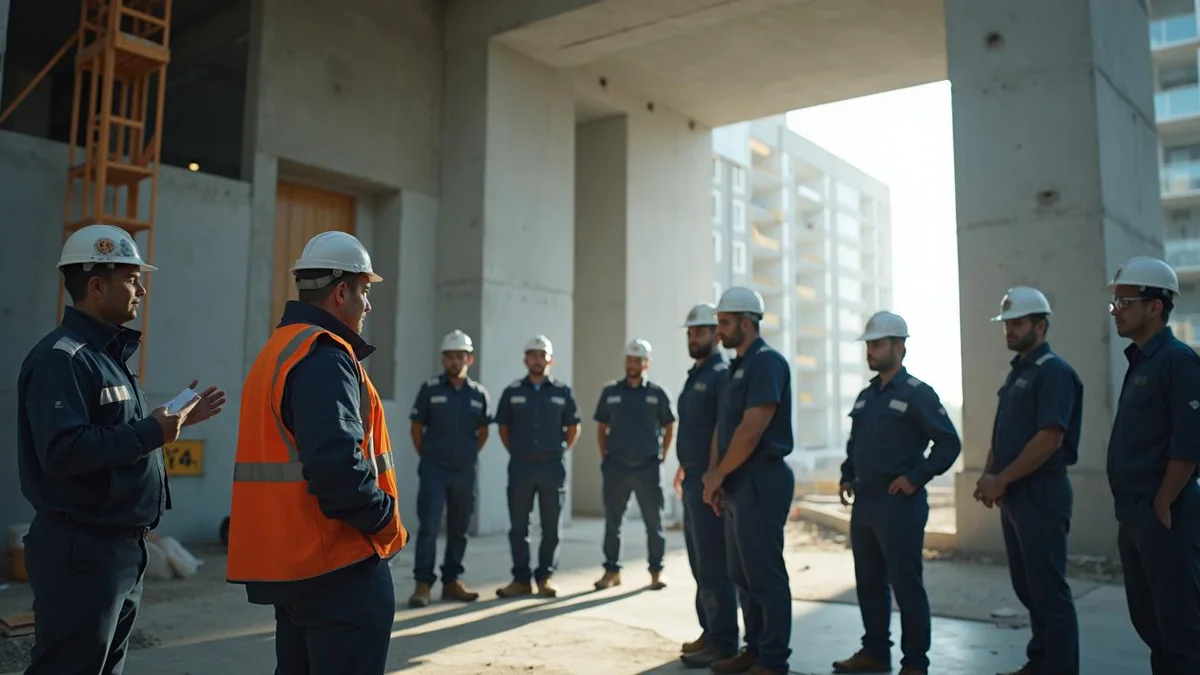 Supervisor em conversa com a equipe antes do turno, numa construtora do Rio Grande do Sul: fgts digital na construção
