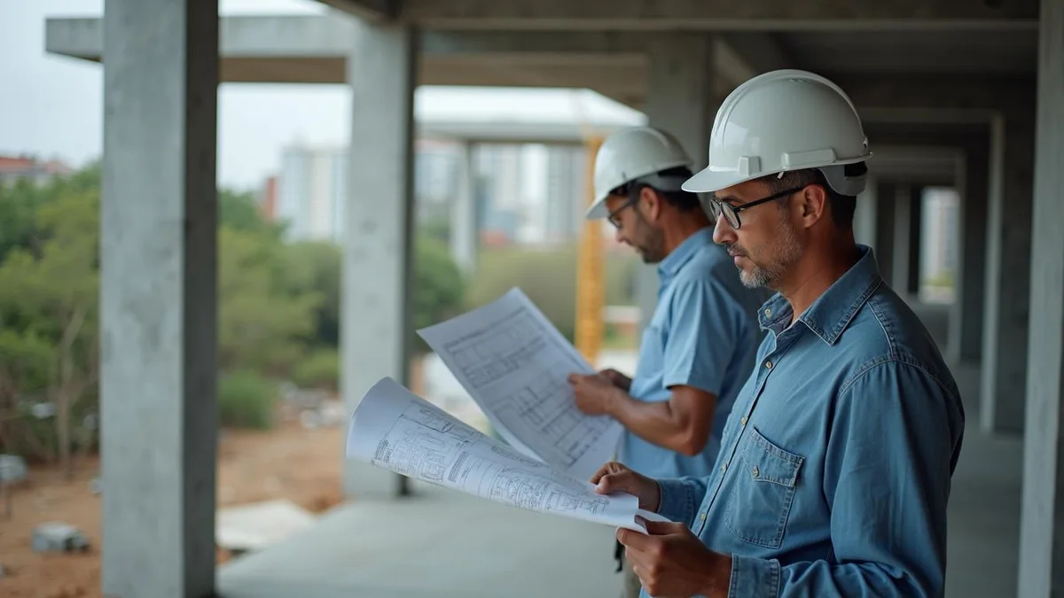 Gestor com a planta do empreendimento e a obra ao fundo, numa construtora do Rio Grande do Sul: holding de incorporação