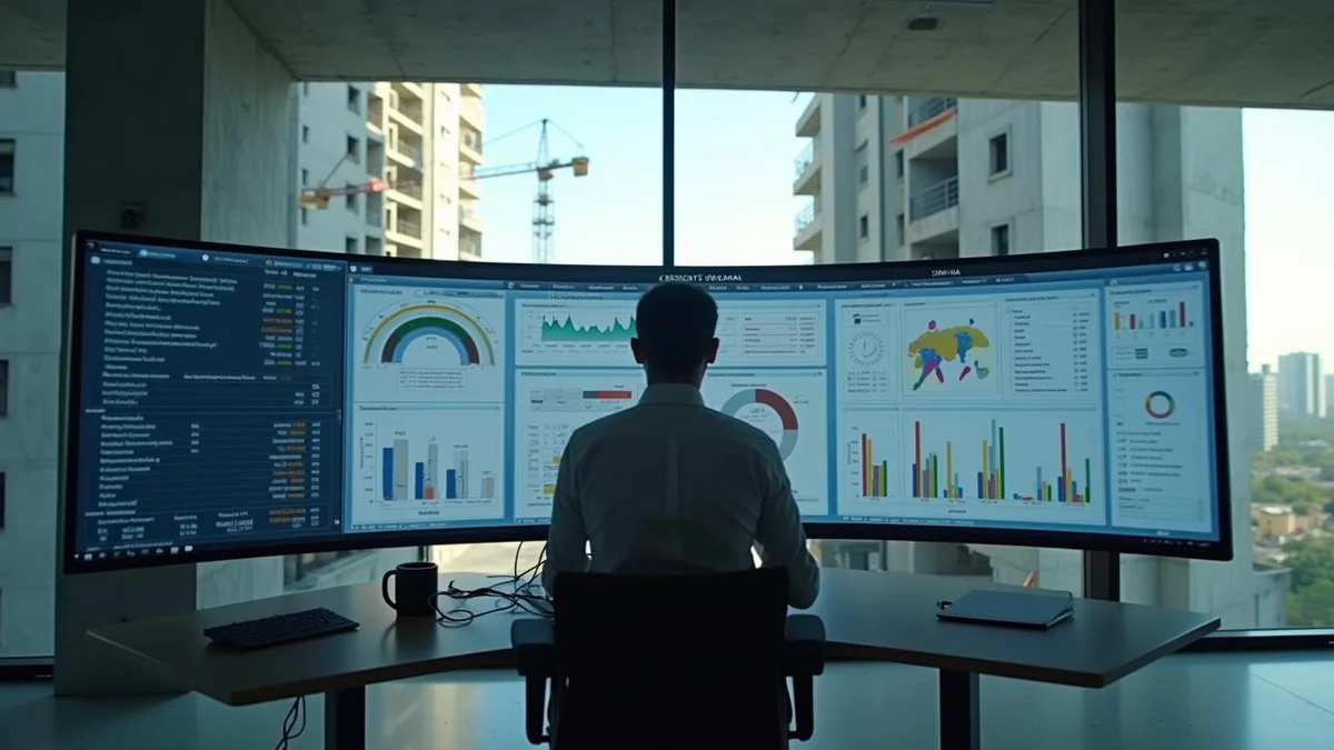 Controller analisando indicadores num monitor, numa construtora do Rio Grande do Sul: lucro real na construção