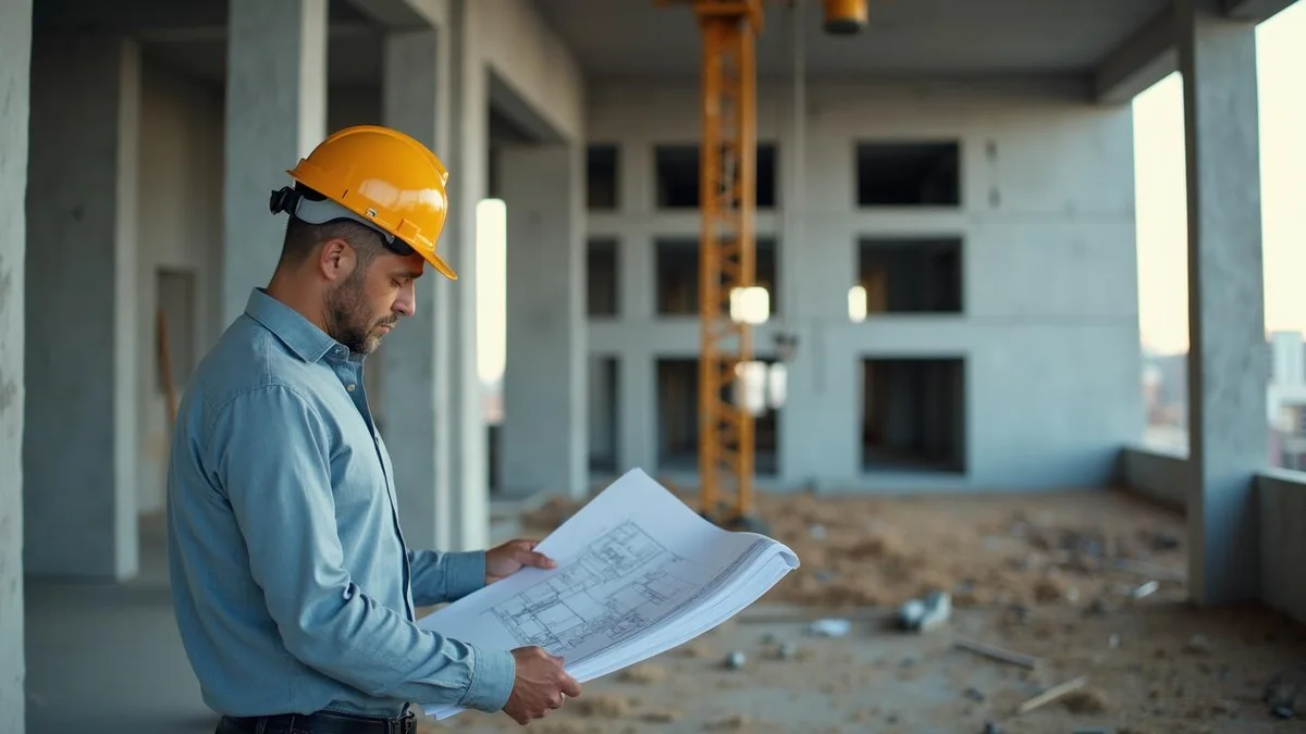 Gestor com a planta do empreendimento e a obra ao fundo, numa construtora do Rio Grande do Sul: medição de obra