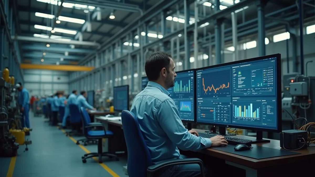 Controller analisando indicadores num monitor, numa indústria do Rio Grande do Sul: orçamento industrial