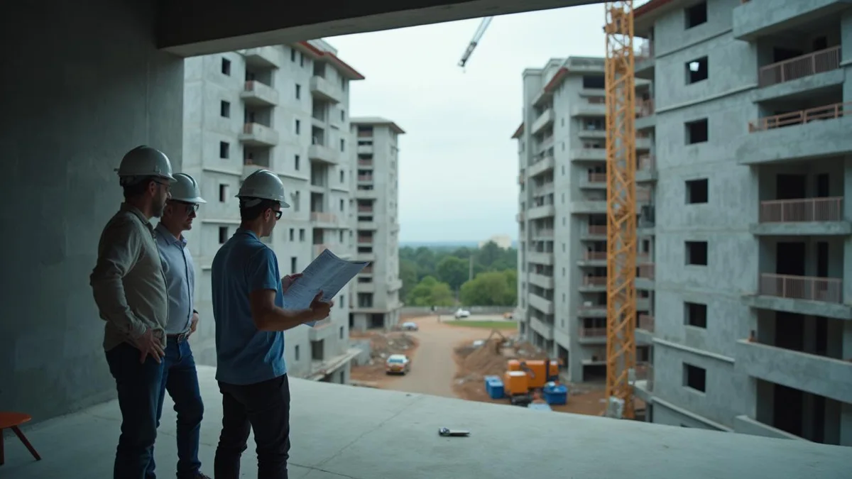 Gestor com a planta do empreendimento e a obra ao fundo, numa construtora do Rio Grande do Sul: reconhecimento de receita na incorporação
