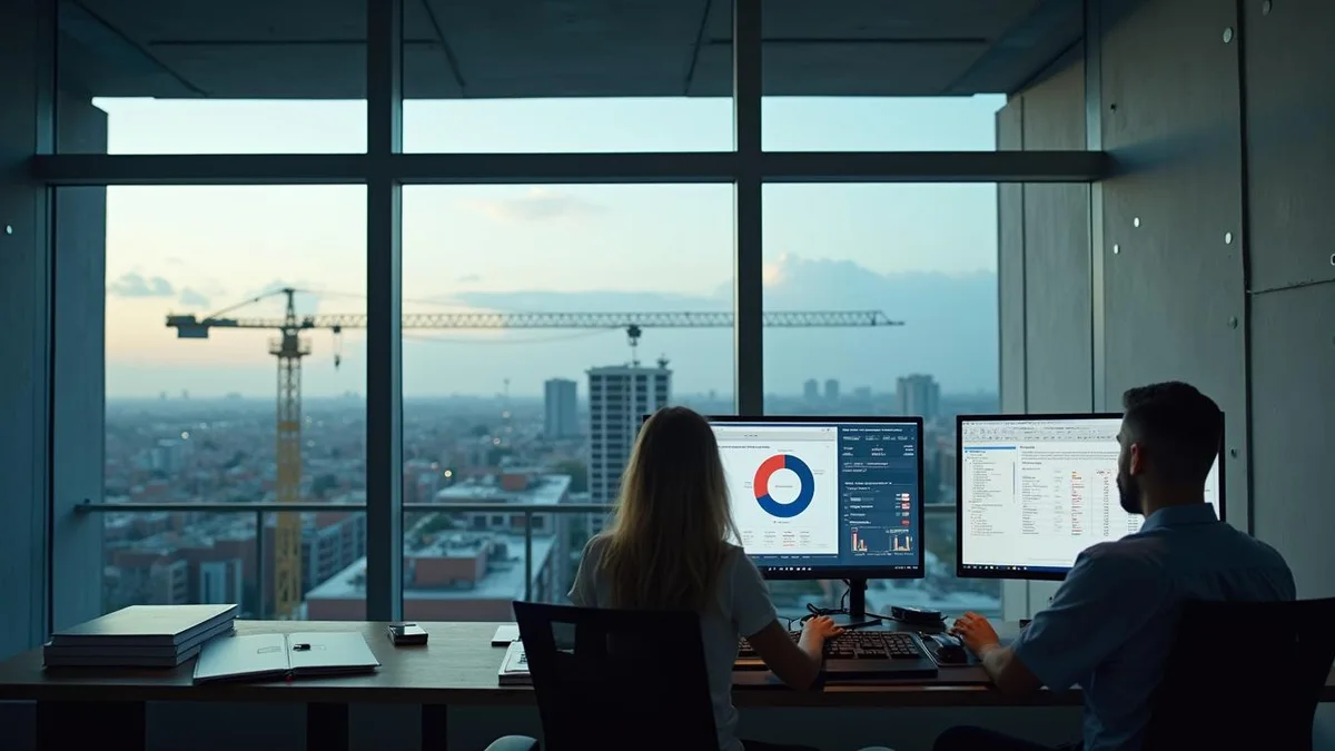 Controller analisando indicadores num monitor, numa construtora do Rio Grande do Sul: rotatividade na construção