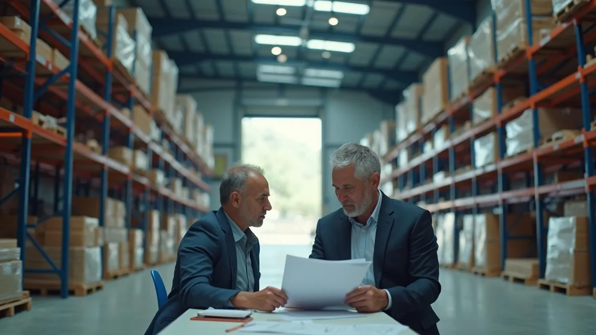 Empresário e contador revisando um relatório com a operação ao fundo, num centro de distribuição do Rio Grande do Sul: contabilização de wms