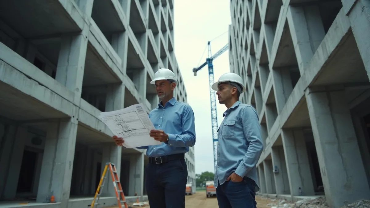 Gestor com a planta do empreendimento e a obra ao fundo, numa construtora do Rio Grande do Sul: spe por empreendimento