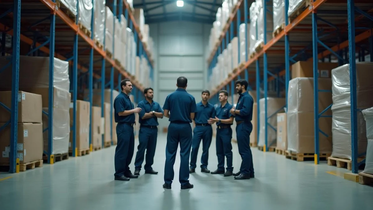 Supervisor em conversa com a equipe antes do turno, num centro de distribuição do Rio Grande do Sul: terceirização na logística