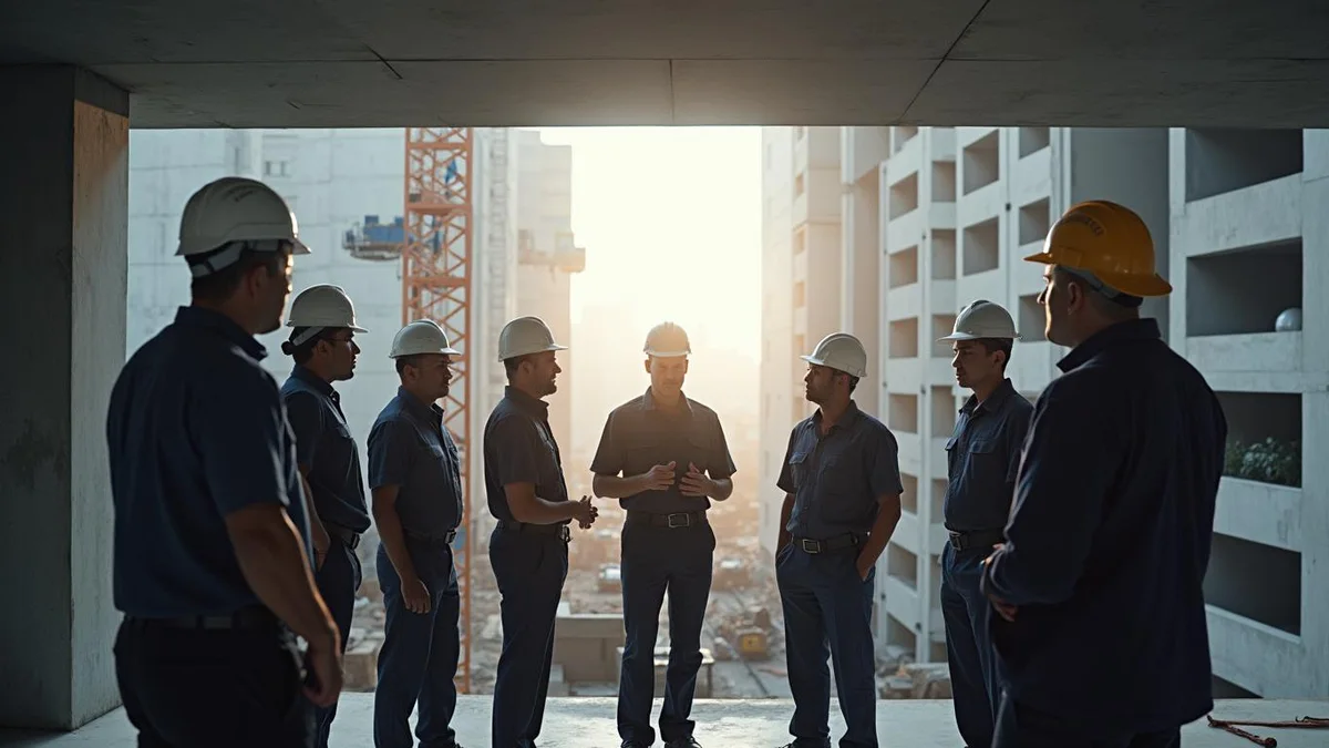 Supervisor em conversa com a equipe antes do turno, numa construtora do Rio Grande do Sul: esocial na construção civil