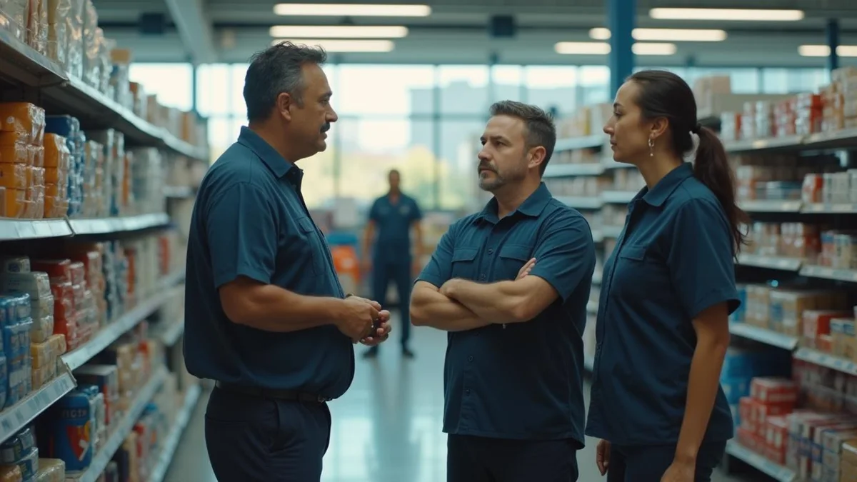 Supervisor em conversa com a equipe antes do turno, numa rede de lojas do Rio Grande do Sul: esocial no varejo